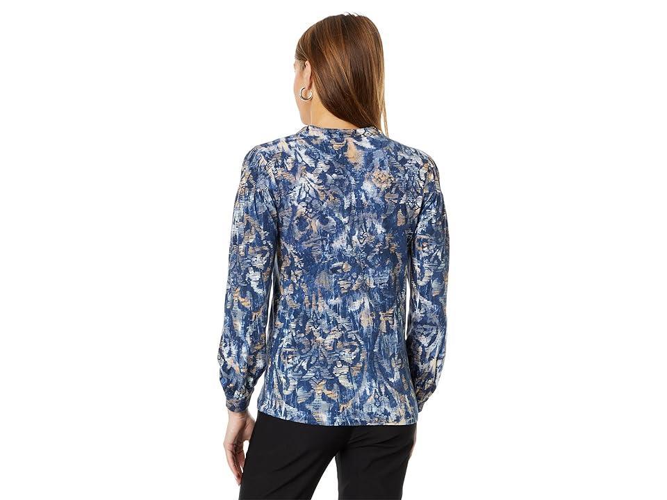 NIC+ZOE Long Sleeve Watercolor Damask Henley Tee Multi) Women's Clothing Product Image