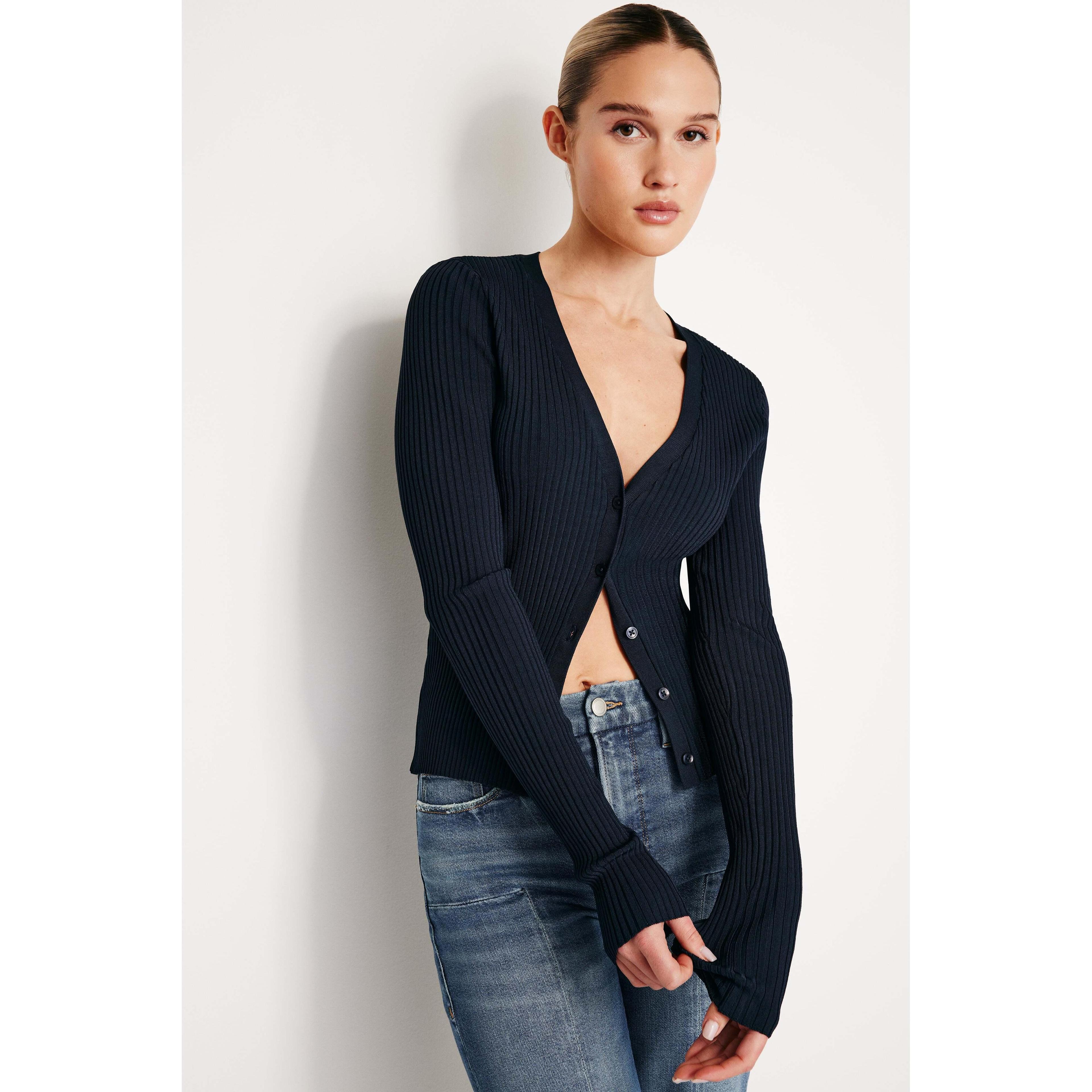 Womens Stretch Rib V-Neck Cardigan | New Navy, Size XS | Good American by Khlo Kardashian Product Image