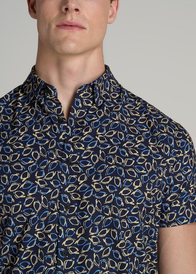 Short Sleeve Traveler Stretch Button Shirt for Tall Men in Blue and Yellow Abstract Product Image