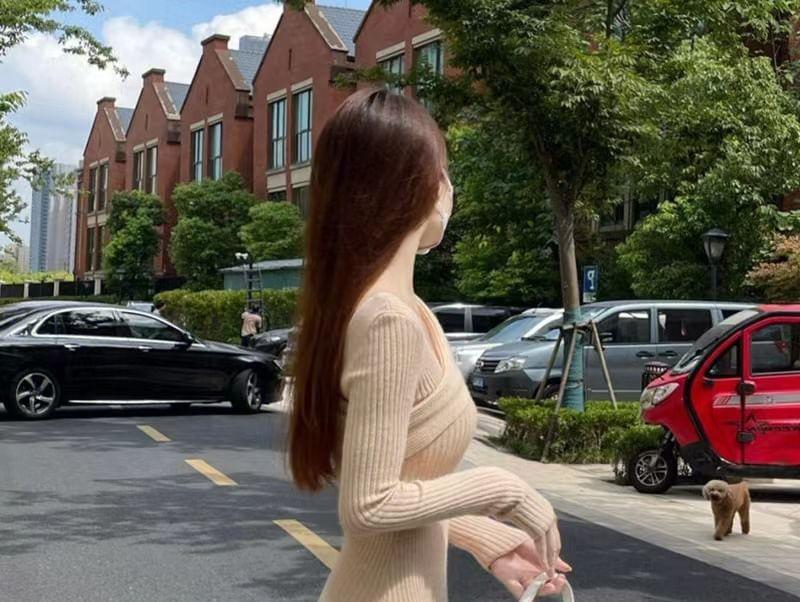 One-Shoulder Long Sleeve Plain Ribbed Midi Knit Dress Product Image