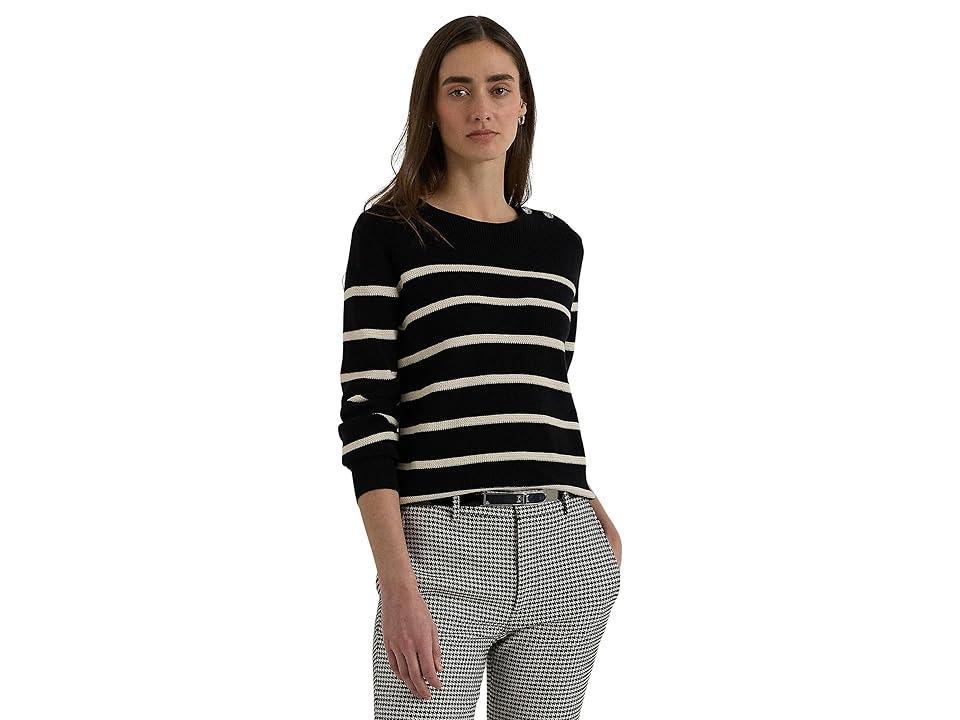 LAUREN Ralph Lauren Striped Combed Cotton Crewneck Sweater (Black/Mascarpone Cream) Women's Sweater product image