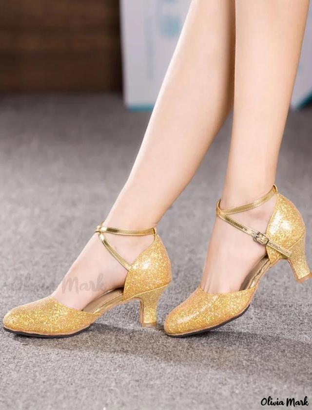 Olivia Mark – Womens Glamorous Gold Glitter Dance Shoes with Elegant Strap and Chic Heels Product Image