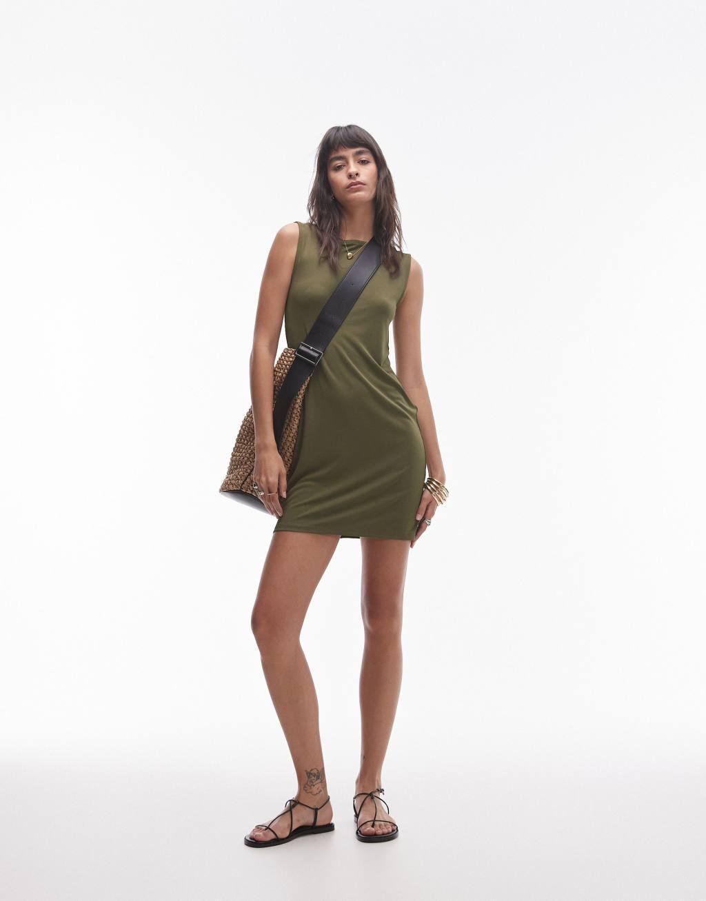 Topshop slash neck mini dress in khaki Product Image