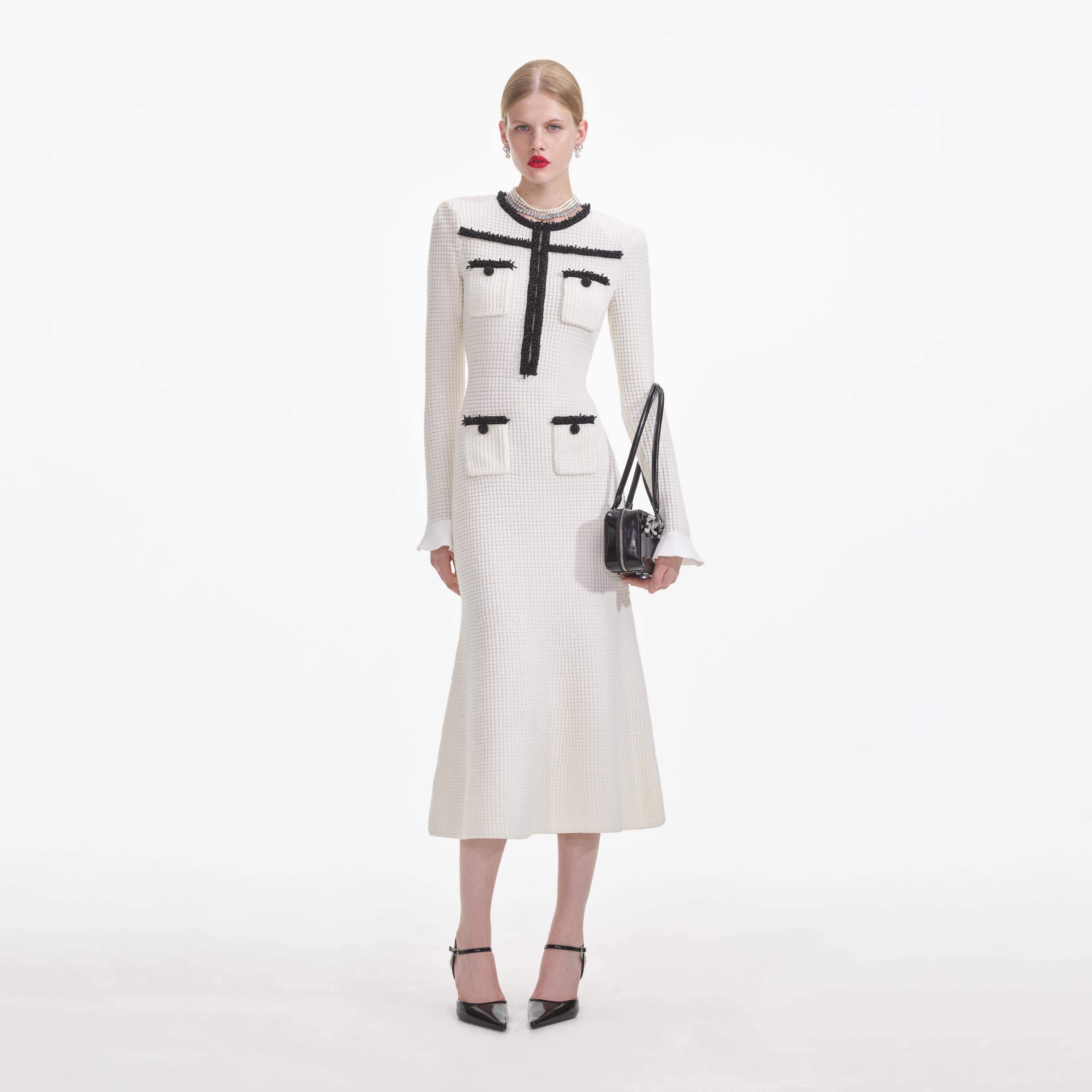 White Knit Contrast Trim Midi Dress Product Image