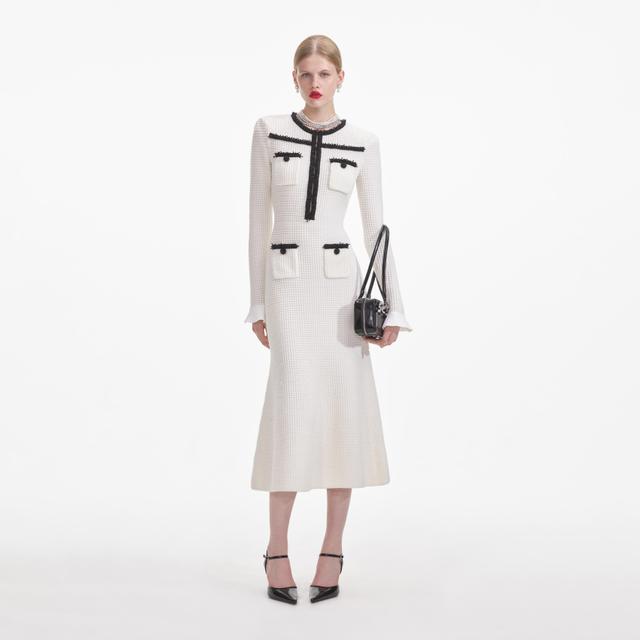 White Knit Contrast Trim Midi Dress Product Image