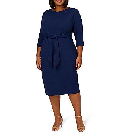 Adrianna Papell Stretch Crepe Crew Neck Tie Waist 34 Sleeve Midi Sheath Dress Product Image