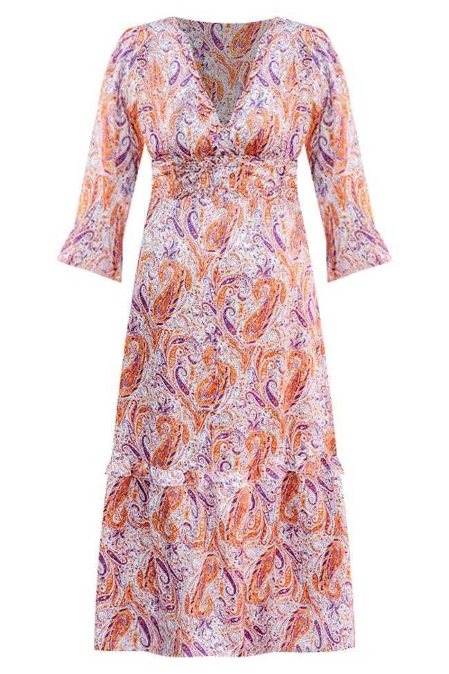 It's All A Dream Rust Multi Paisley Satin Ruffle Trim Maxi Dress FINAL SALE Product Image