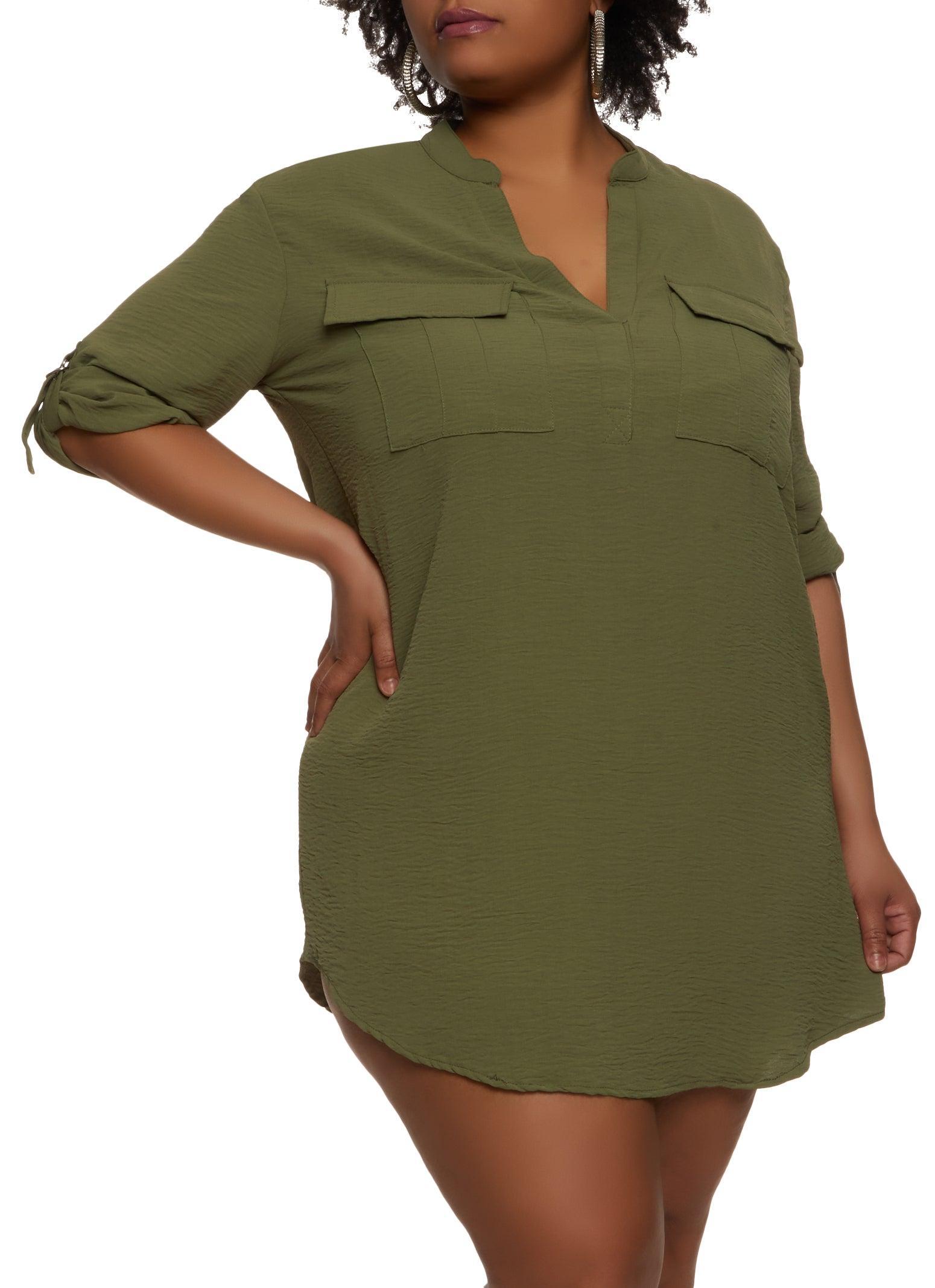 Womens Plus Size Flap Pocket Tabbed Sleeve Shirt Dress Product Image