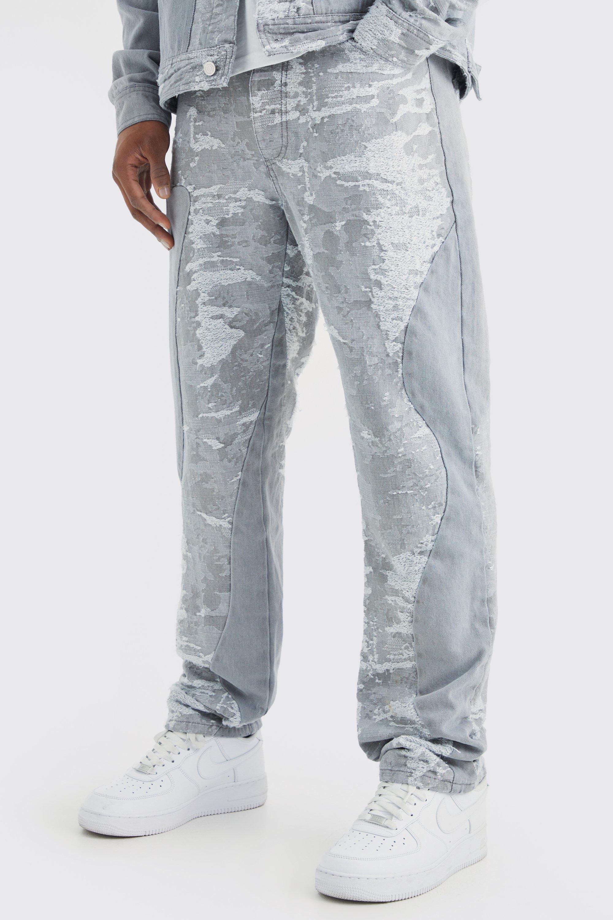 Mens Grey Straight Fit Spliced Jacquard And Denim Jean, Grey Product Image