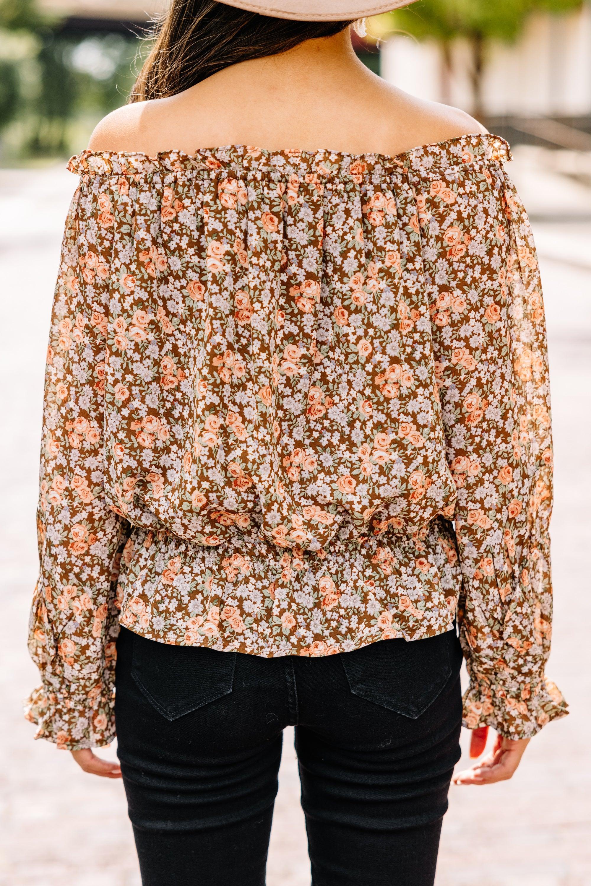 Open To Love Mocha Brown Ditsy Floral Blouse Female Product Image