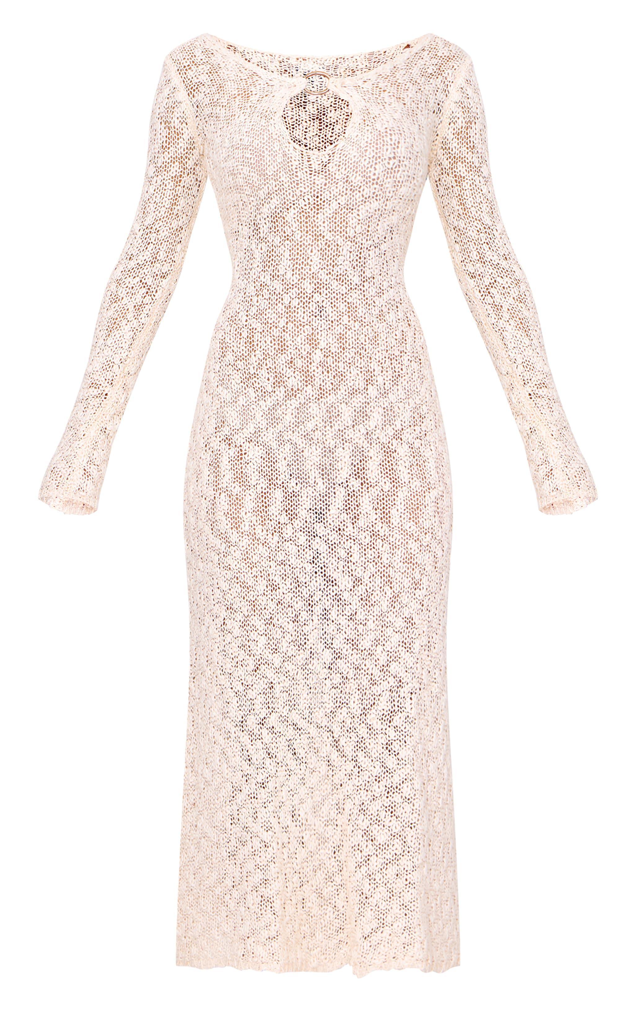 Oatmeal Textured Crochet Knit Long Sleeve Maxi Dress Product Image