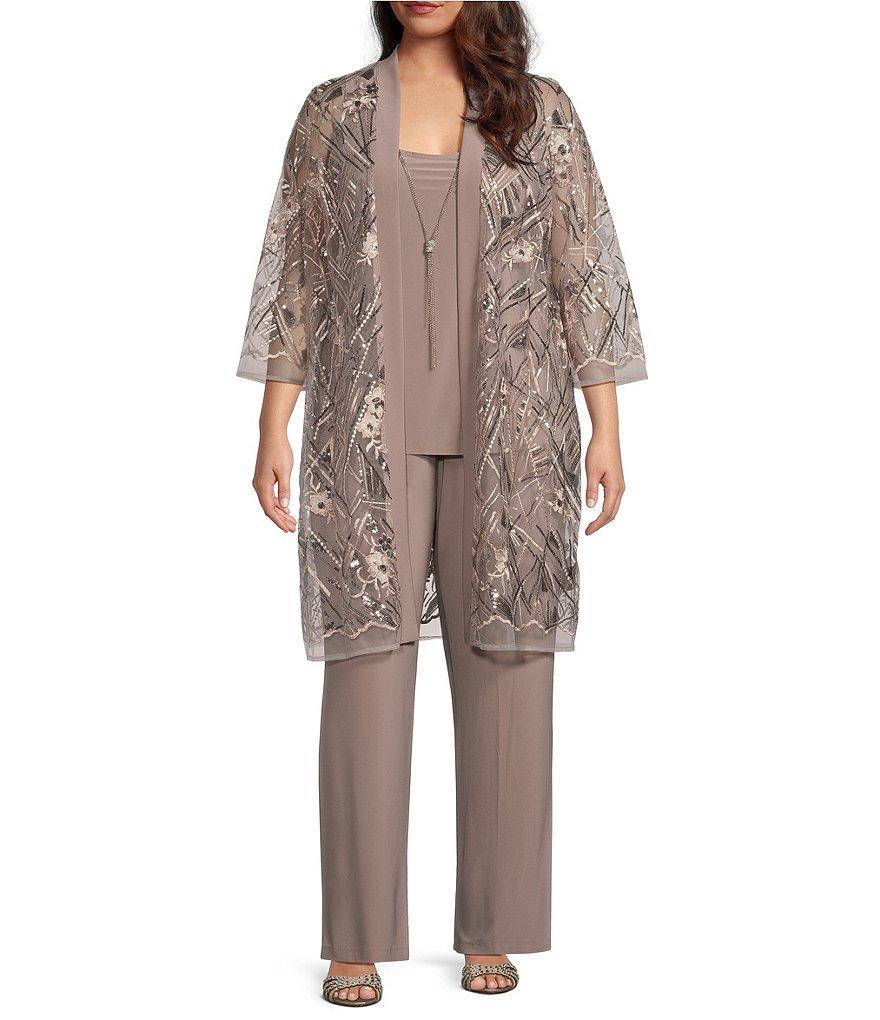 R & M Richards Plus Size 3/4 Sleeve Crew Neck Embroidered Sequin 3-Piece Pant Set Product Image