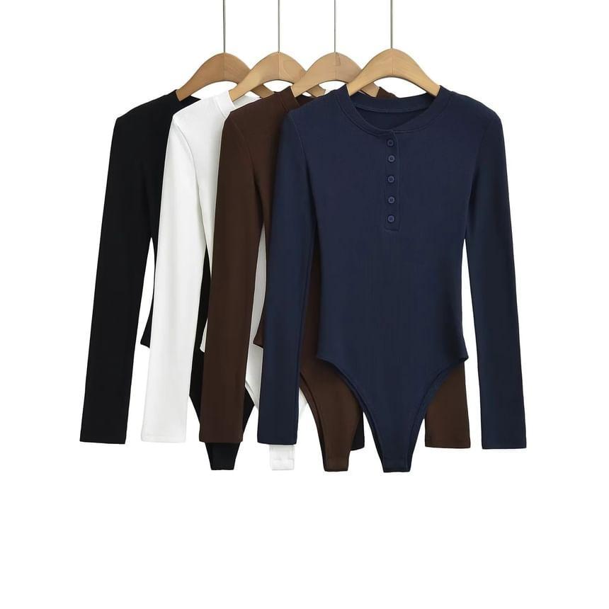 Long Sleeve Henley Round Neck Plain Bodysuit Top Product Image