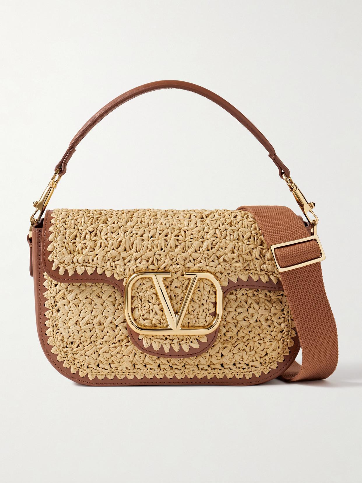 Alltime Leather And Webbing-trimmed Faux Raffia Shoulder Bag In Beige Product Image