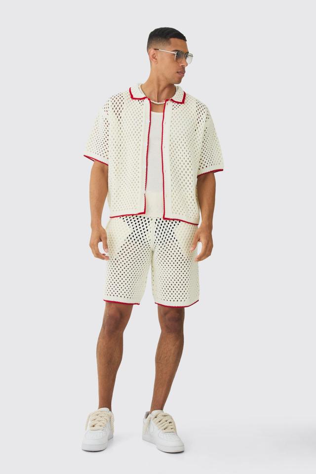 Oversized Boxy Open Stitch Contrast Tipping Shirt Short Set | boohooMAN USA Product Image