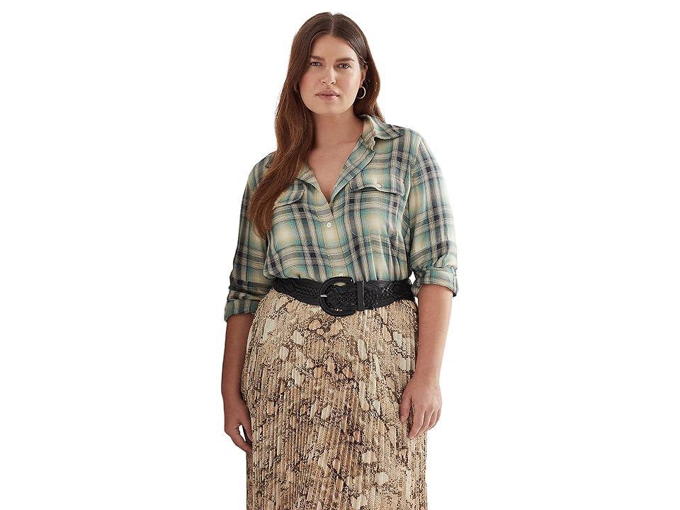 LAUREN Ralph Lauren Plus Size Oversized Plaid Twill Shirt (Blue/Green ) Women's Clothing Product Image