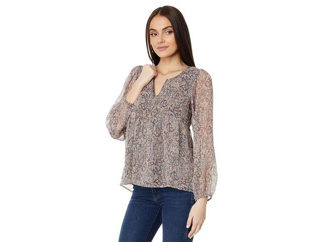 Lucky Brand Open Neck Printed Peasant Top Multi) Women's Clothing Product Image