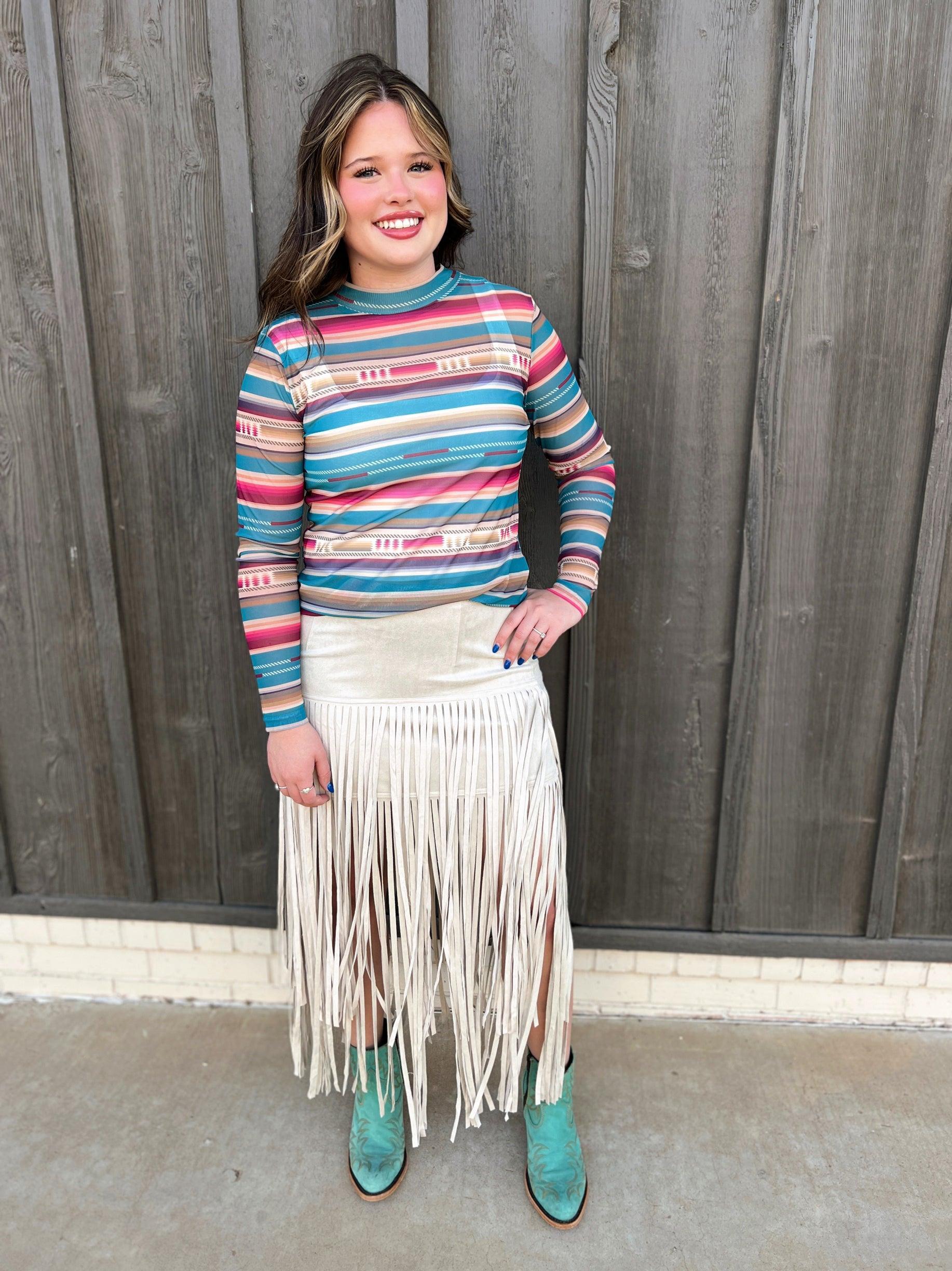 Rodeo Queen Suede Fringe Skirt Beige Product Image