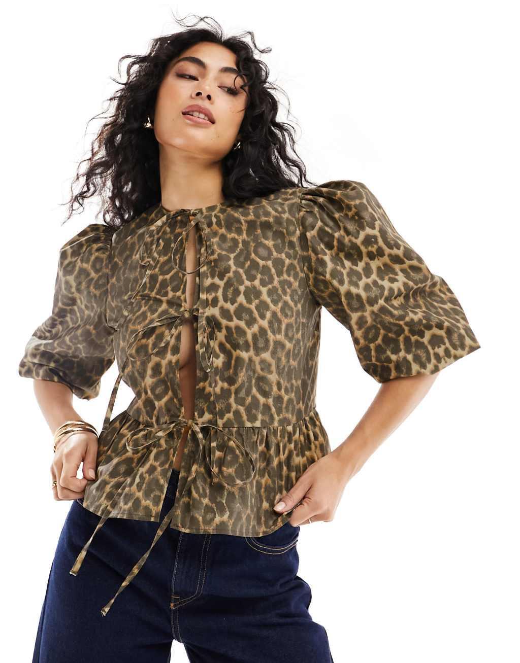 ASOS DESIGN cotton poplin peplum tie shirt top in leopard print Product Image