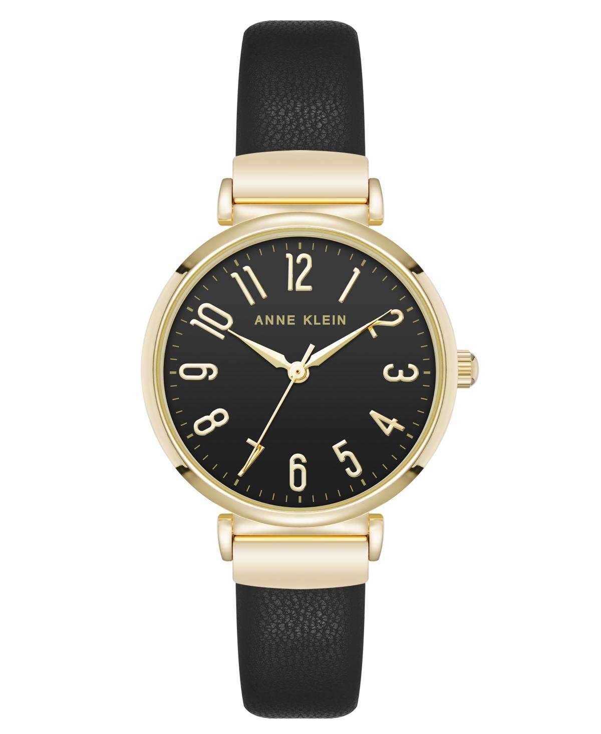 Anne Klein Womens Quartz Round Easy to Read Black Faux Leather and Gold-Tone Alloy Metal Watch, 32mm - Black/Gold-Tone Product Image