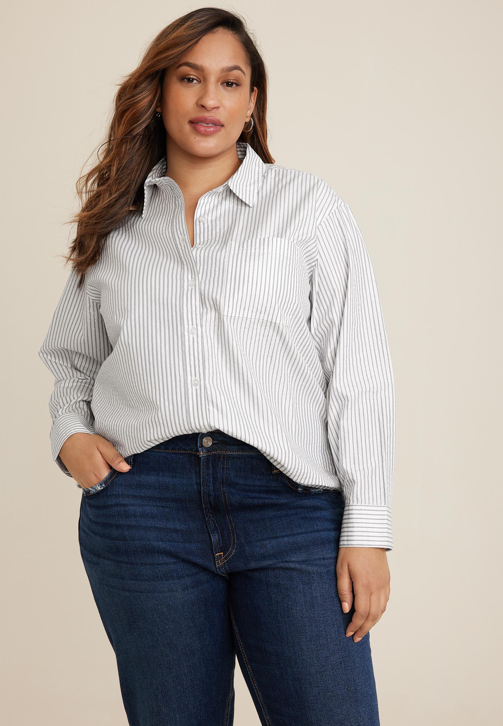 Maurices 4X Plus Size Womens 90S Prep Metallic Striped Relaxed Button Up Shirt White Product Image