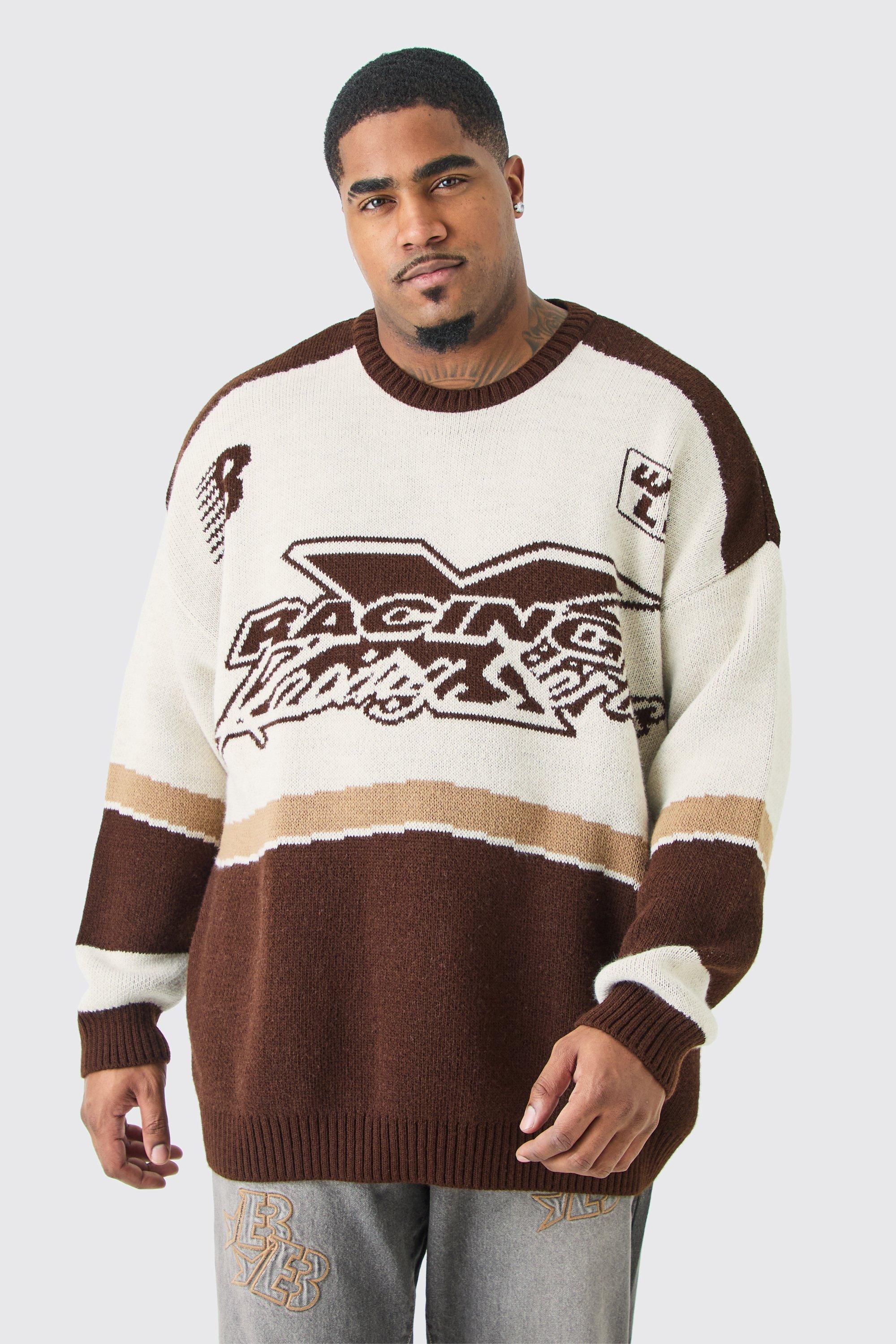 Mens Multi Plus Oversized Knitted Racing Drop Shoulder Jumper, Multi Product Image