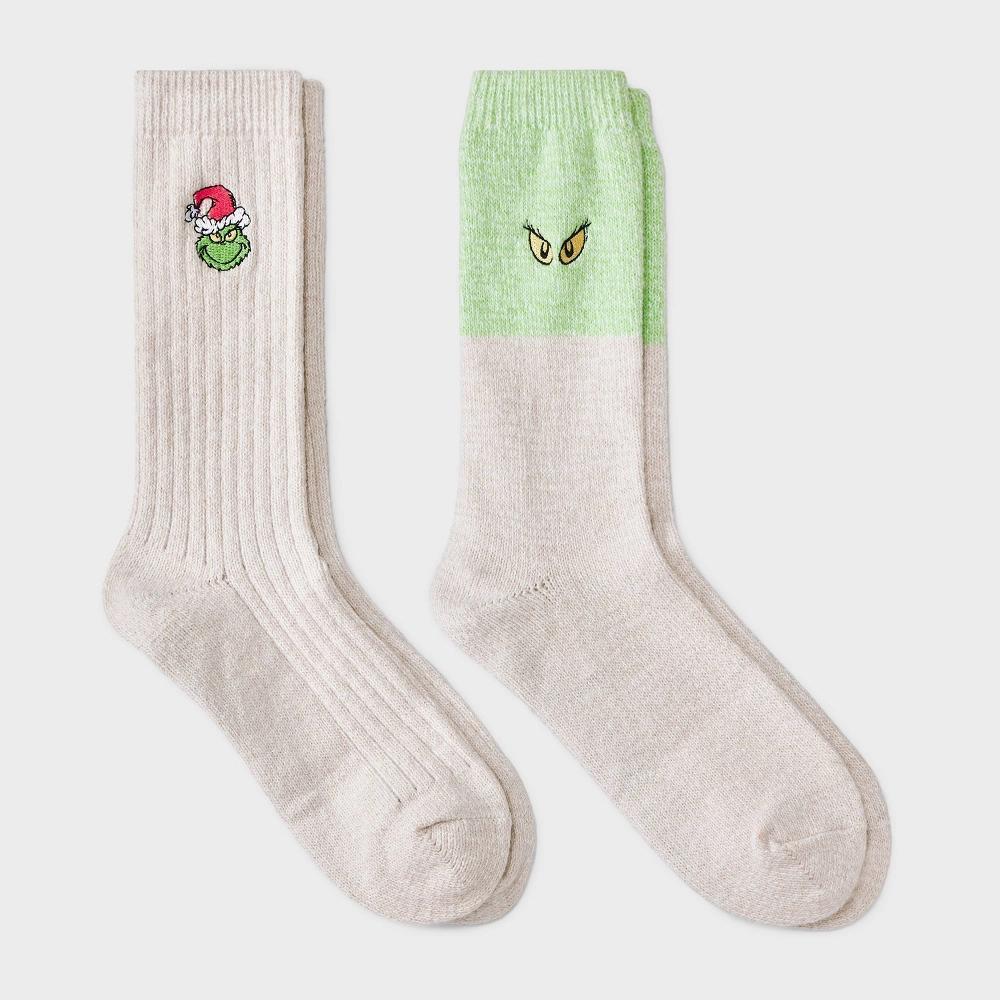 Women's 2pk The Grinch Pop-Up Storybook Supersoft Embroidered Crew Socks - Ivory/Green 4-10 Product Image