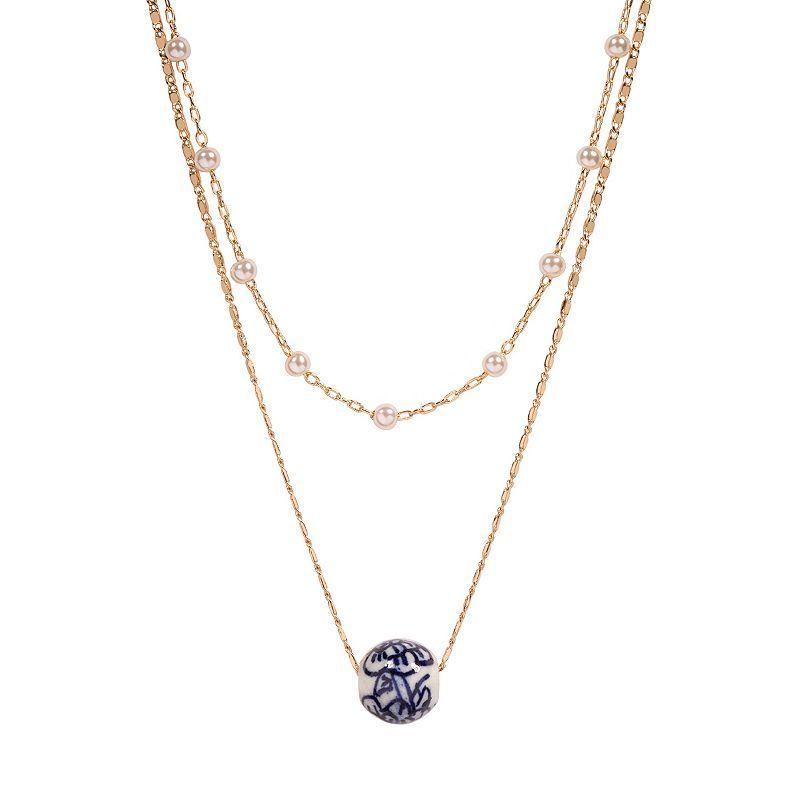 LC Lauren Conrad Gold Tone Floral Ceramic Bead & Simulated Pearl Double-Row Necklace, Womens Product Image