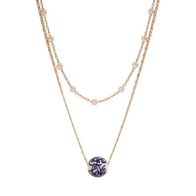 LC Lauren Conrad Gold Tone Floral Ceramic Bead & Simulated Pearl Double-Row Necklace, Womens Product Image