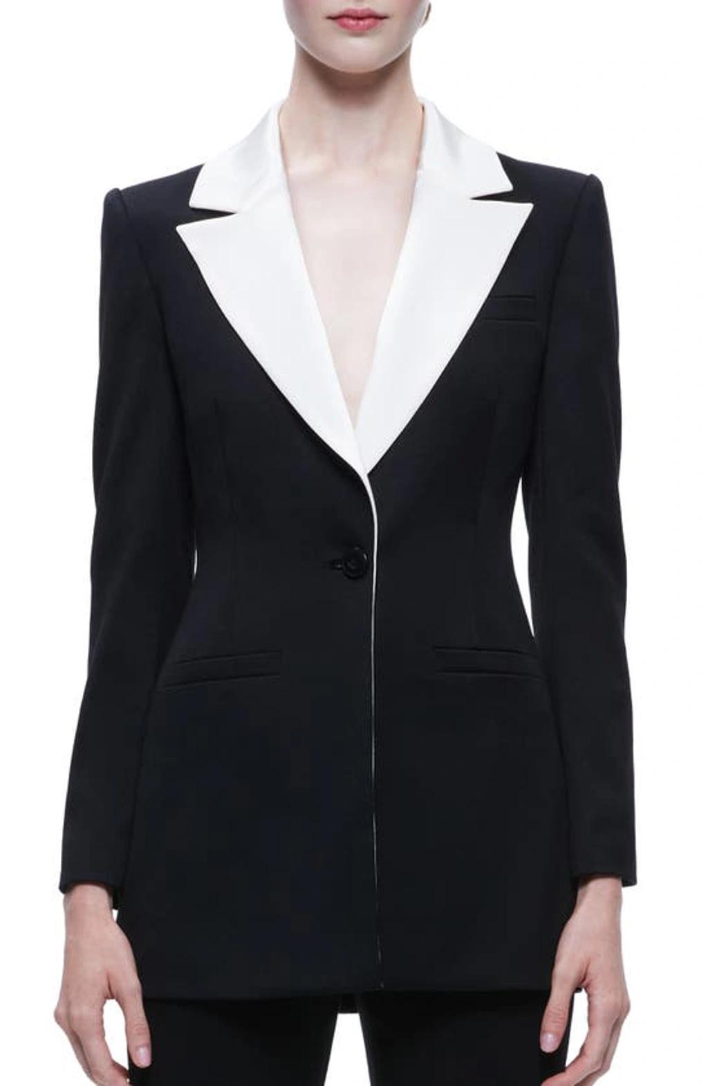 ALICE AND OLIVIA Silvie Strong Shoulder Blazer In Black Ecru Product Image