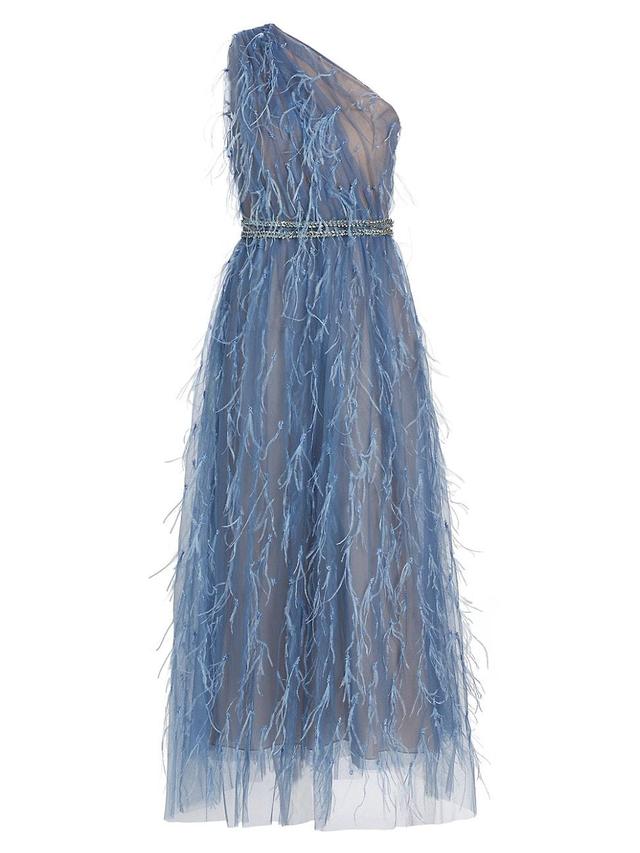 Womens Feathered One-Shoulder Cocktail Maxi Dress Product Image