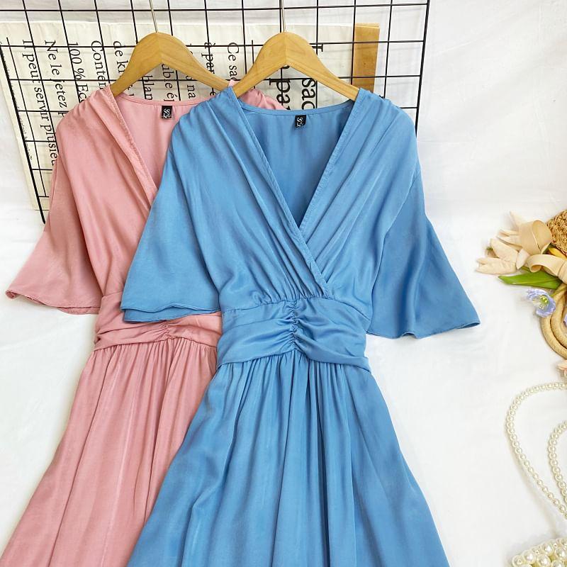 3/4-Sleeve V-Neck Plain Ruched Slit Maxi A-Line Dress Product Image