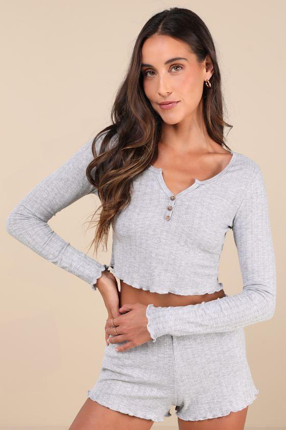 Cuddly Aura Heather Grey Ribbed Henley Two-Piece Pajama Set Product Image