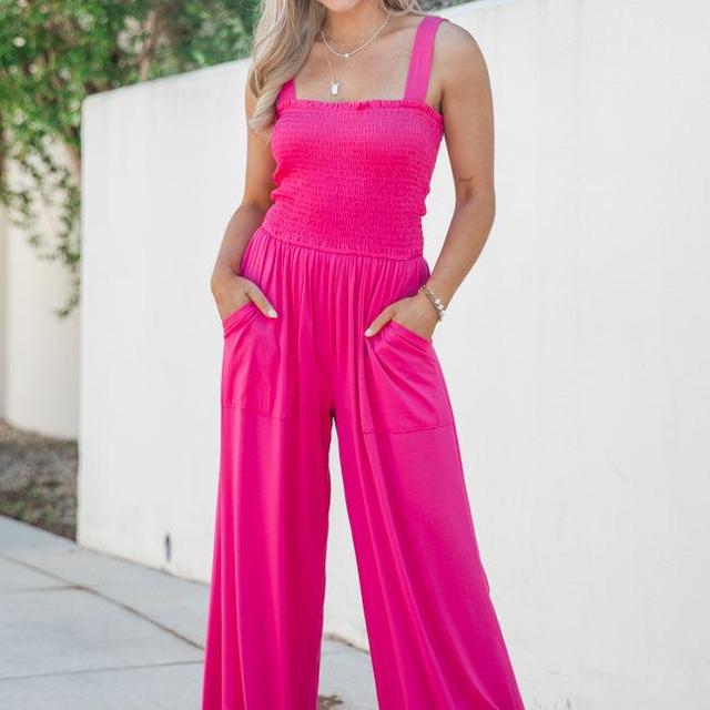 Walking In Paradise Hot Pink Smocked Top Woven Jumpsuit Product Image