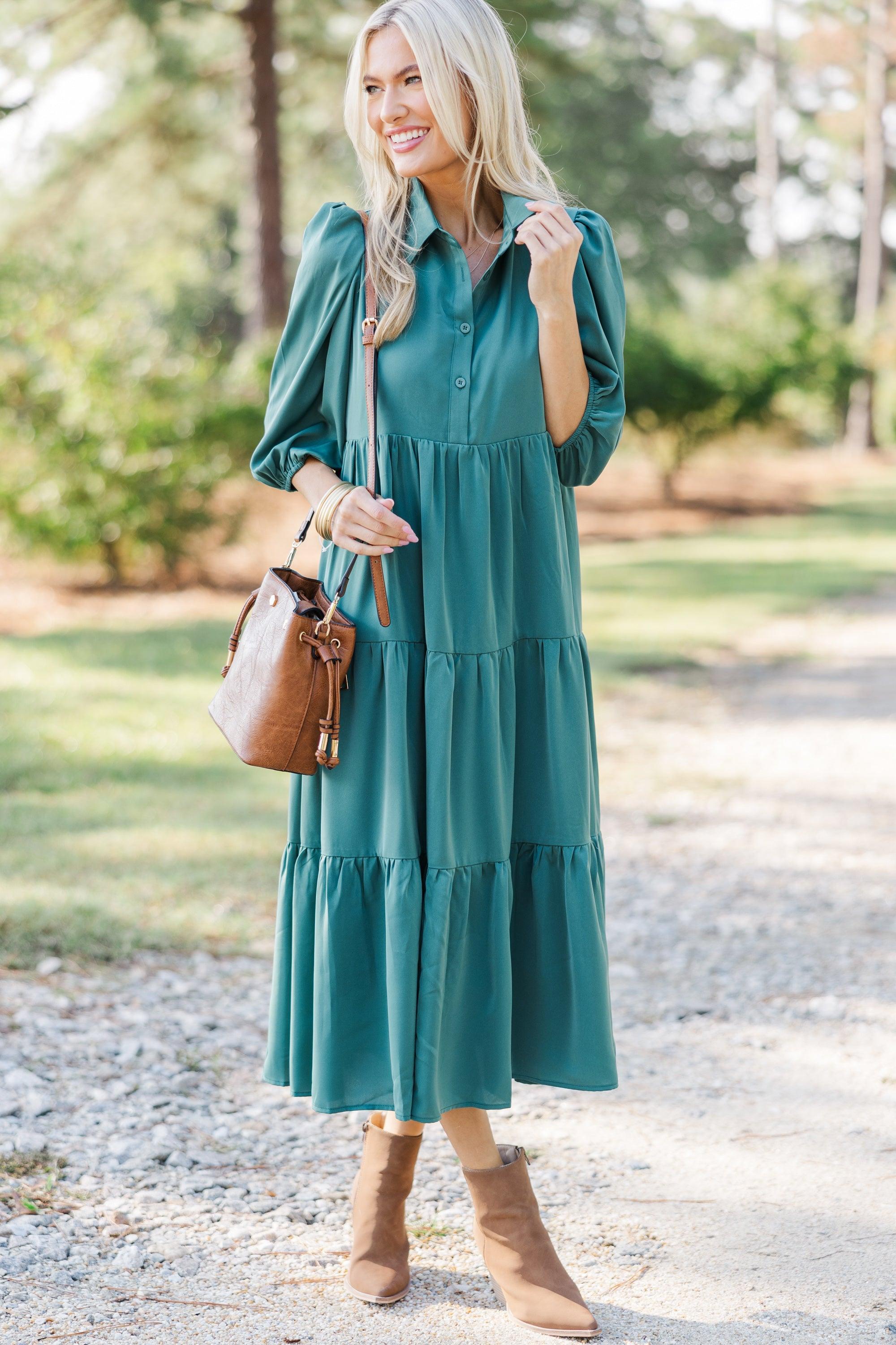 Love Found Sage Green Tiered Midi Dress Female Product Image