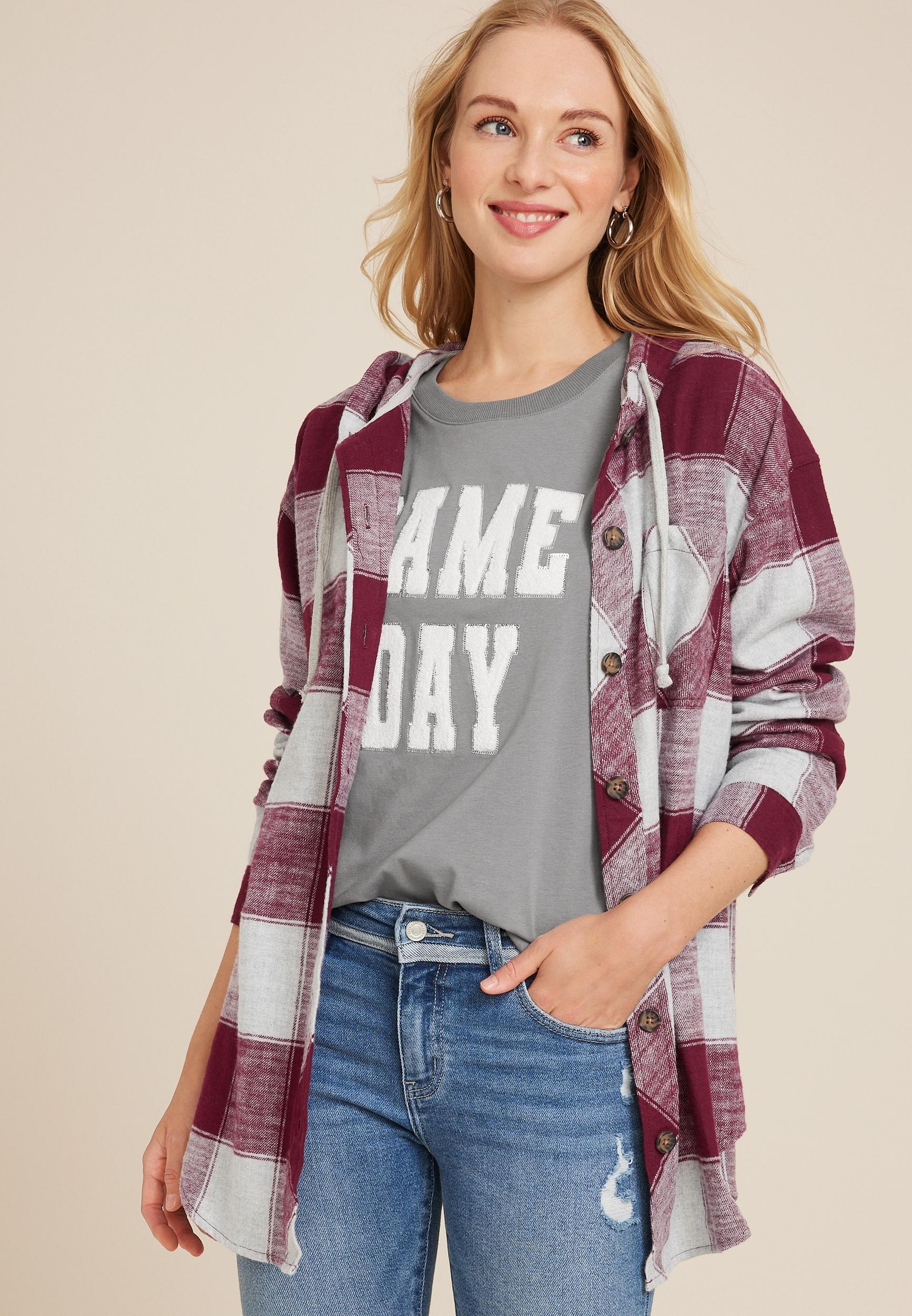 Cabin Plaid Boyfriend Hooded Button Down Shirt Product Image