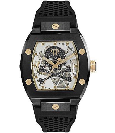 Philipp Plein Mens Automatic The $keleton Black & Gold-Tone Tonneau Strap Watch 44mm Product Image