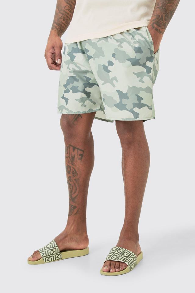 Plus Khaki Camo Printed Swim Shorts | boohooMAN USA Product Image