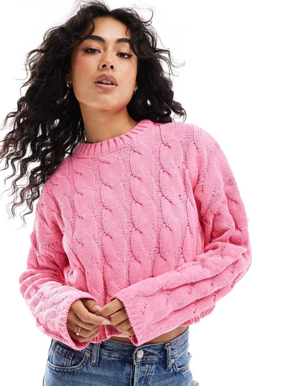 Bershka cable sweater in pink Product Image