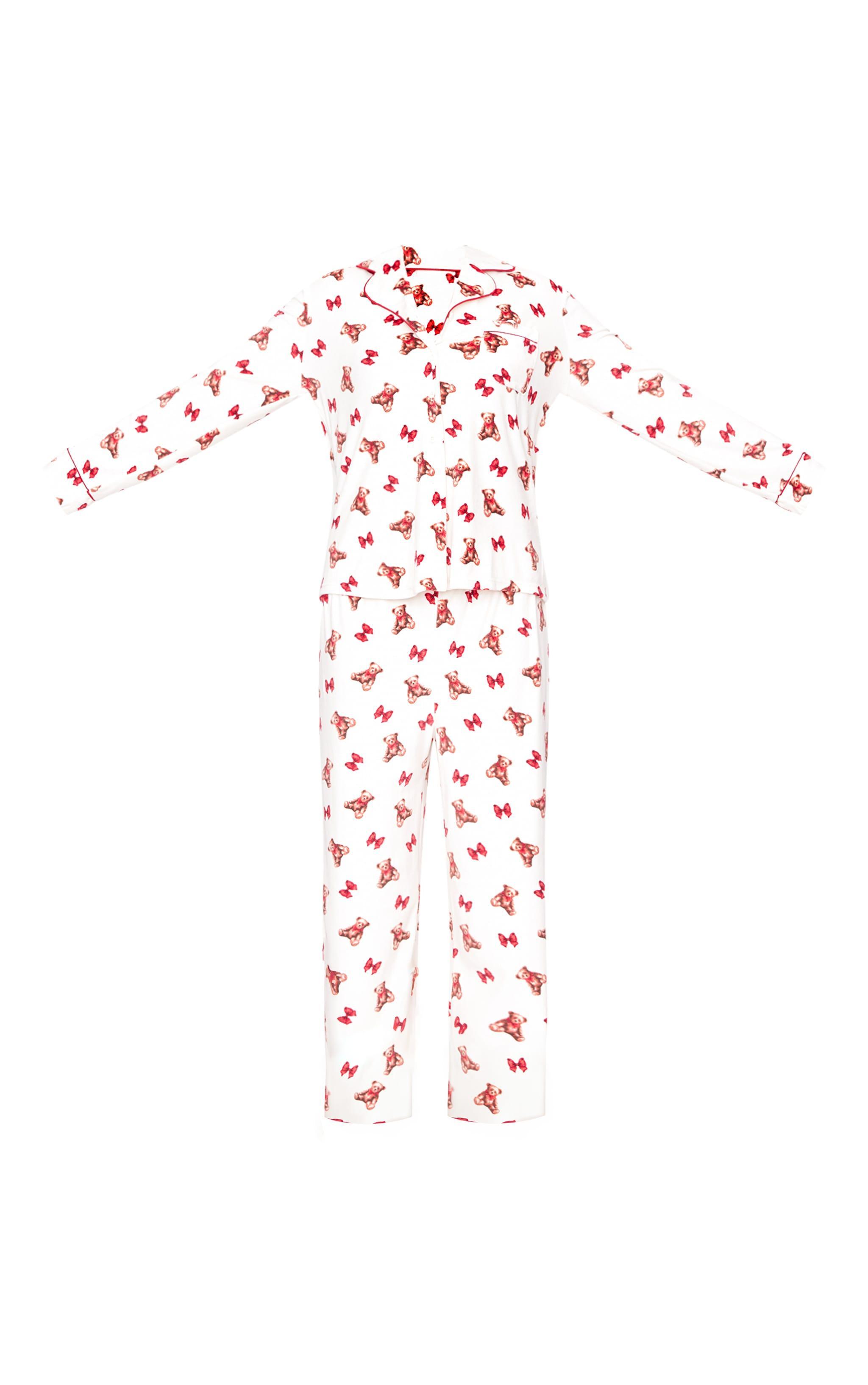 Cream Teddy Print Velour Fleece Long Pj Set Product Image