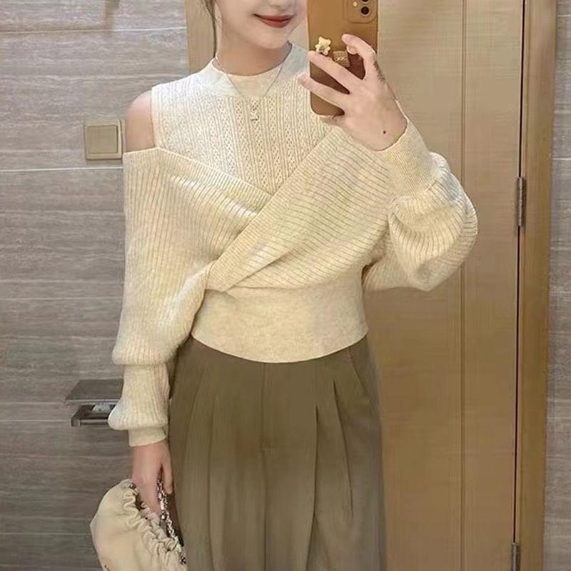 Cold-Shoulder Plain Mock Two-Piece Sweater Product Image