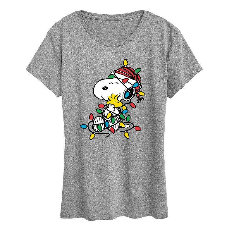 Womens Peanuts Snoopy & Woodstock Christmas Lights Graphic Tee, Girls Grey Gray Product Image