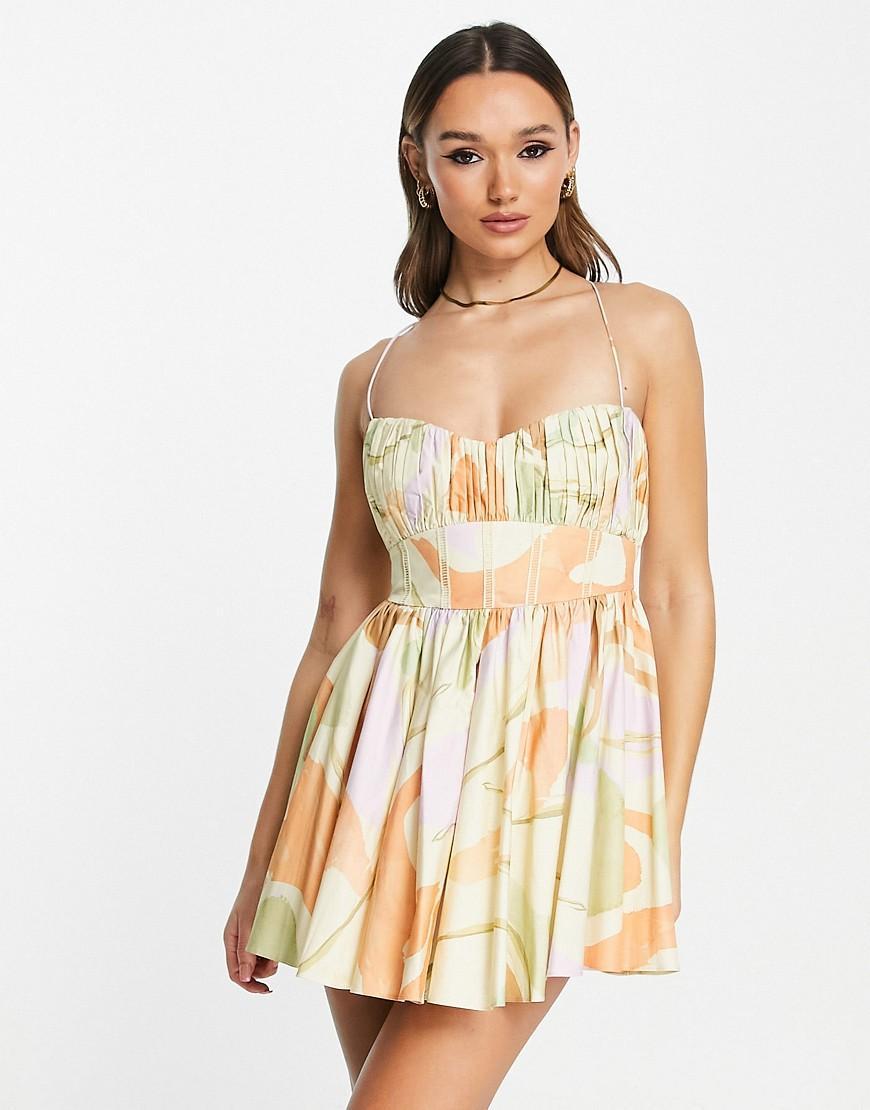 ASOS DESIGN cotton structured prom mini dress with corset detail in swirl print Product Image