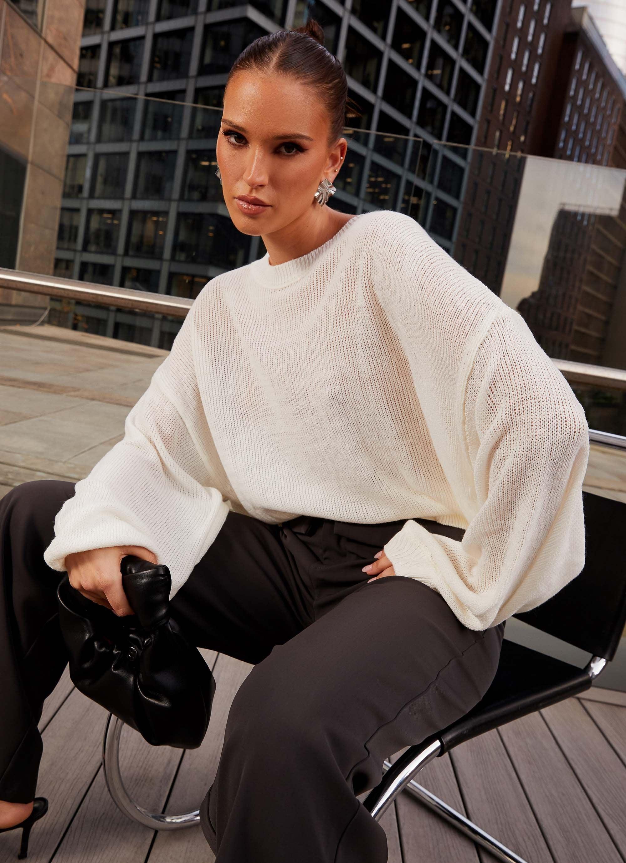 Tyla Oversized Knit Sweater - White Product Image