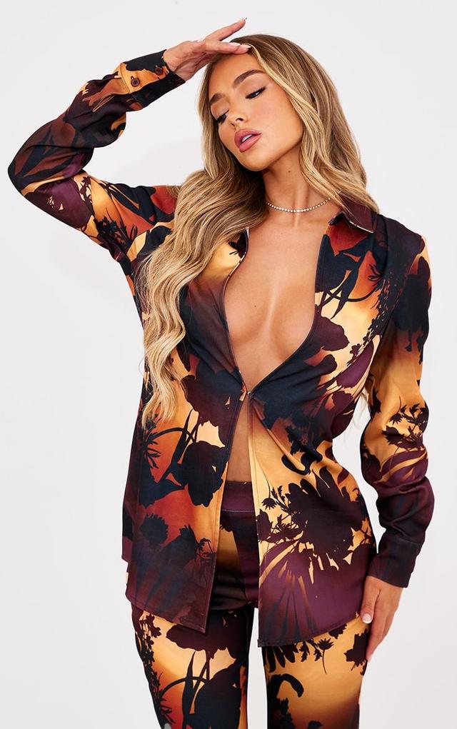 Brown Oversized Floral Ombre Print Shirt Product Image