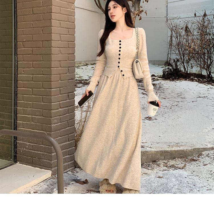 Square Neck Plain Cardigan / High Rise Knit Maxi A-Line Skirt Product Image