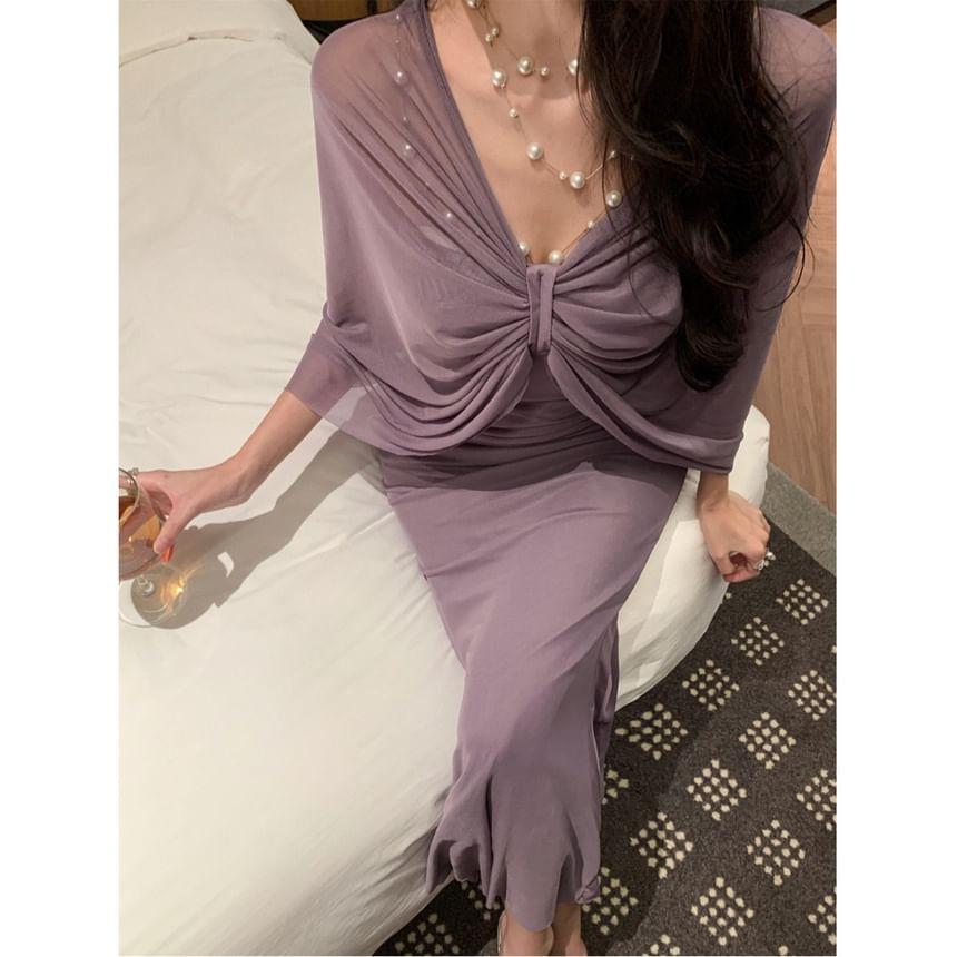 3/4-Sleeve Off-Shoulder Mock Two-Piece Plain Ruched Maxi Bodycon Dress Product Image