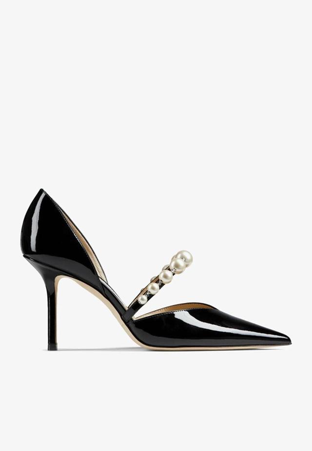 JIMMY CHOO Aurelie 85 Pearl-embellished Patent-leather Courts In Black Product Image