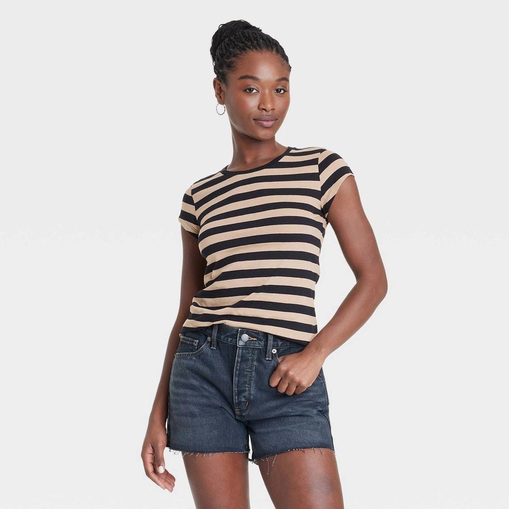 Women's Fitted Short Sleeve T-Shirt - Universal Thread™ Black/Tan Striped L Product Image