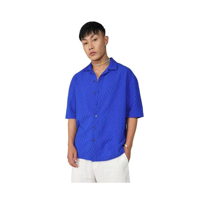 Campus Sutra Mens Royal Blue Textured Geometric Oversized Shirt Product Image